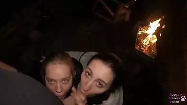 FFM Threesome Sucking on the Backyard - Outdoor Double Blowjob - Oral Creampie